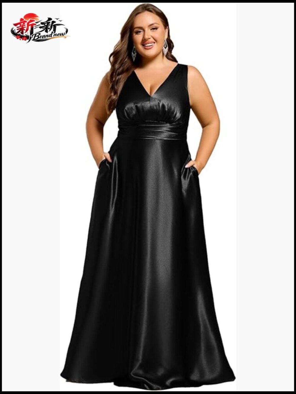 Satin Plus Size Formal Gown with Pockets Empire Waist Bridesmaid Dress